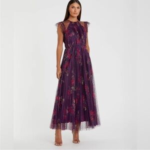 IEENA MAC DUGGAL FLORAL FLUTTER SLEEVE MIDI DRESS 2 Pleated Dot Tulle